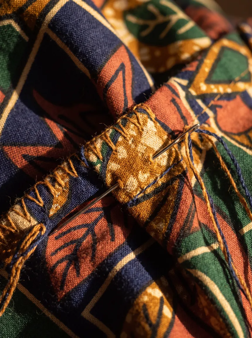 Détail d'une couture et d'une broderie à la main