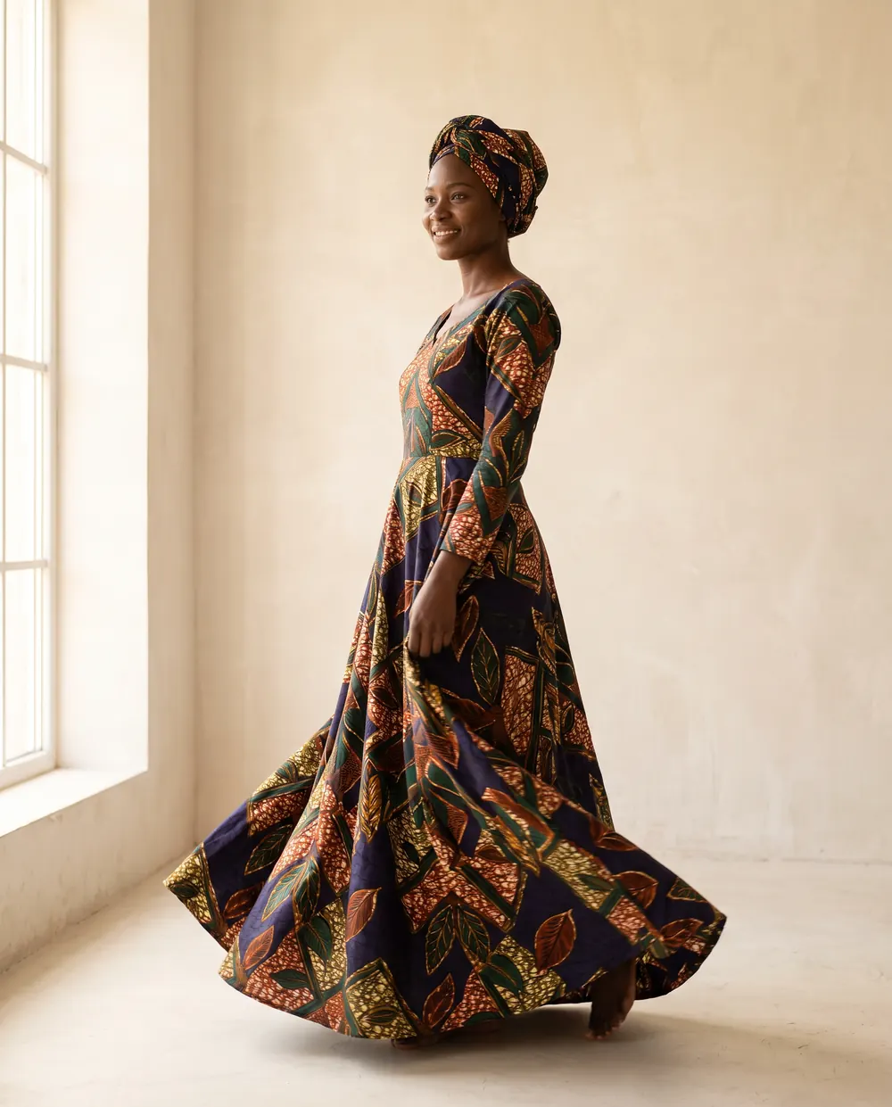 Robe longue en wax portée, en mouvement
